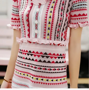 SMTHMA 2019 m. Vasarą, Rudenį Geometrinis Megzti trumpomis rankovėmis Saldus Moterų Vestidos Susiėmę Apdaila Rožinė Graži Moteriška Suknelė