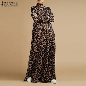 Stilingas Leopardas Spausdinti Ilgos Suknelės Moterims, Baggy Derliaus Sundress ZANZEA Atsitiktinis Golfo Visą Rankovės Vestidos Atostogų Skraiste, 5XL