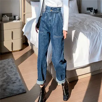 Stilingas Visas Rungtynes, Tiesiai Curl Kišenės Moterų Streetwear Džinsai Mados Prarasti Aukšto Juosmens Šviežių Office Lady Džinsinio Audinio Kelnės