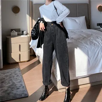 Stilingas Visas Rungtynes, Tiesiai Curl Kišenės Moterų Streetwear Džinsai Mados Prarasti Aukšto Juosmens Šviežių Office Lady Džinsinio Audinio Kelnės