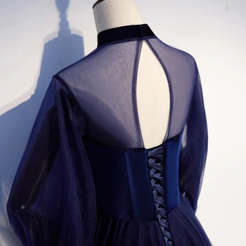 Tamsiai Mėlyna vakarinę Suknelę Aukštos kaklo Iliuzija-line Grindų ilgis Tiulio Nėrinių Custom Color Plus size Oficialią Vakaro Suknelės R1265