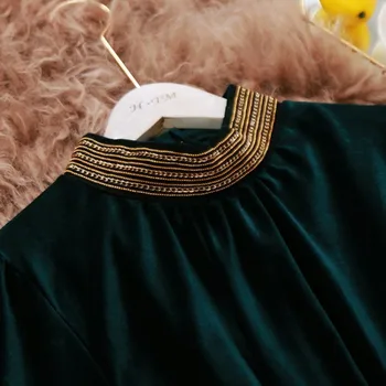 Tamsiai Žalios spalvos Aksomo Mados Suknelė Elegantiška Vintage Kelio Ilgis ilgomis Rankovėmis Moterų Sijonas Su Aukso Kaklo Lady Suknelės NW109