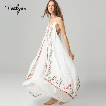 TEELYNN Maxi balta boho suknelė Vintage gėlių aplikacija rankovių dirželis ilgos Vasarinės suknelės paplūdimio drabužiai moterims suknelė Vestido