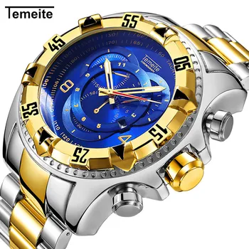 TEMEITE Top Brand Prabangių Verslo Žiūrėti Vyrų Kvarcinis Laikrodis Nerūdijančio Plieno Dirželis Kalendorius Blue Dial Negabaritinių Karinės Laikrodis