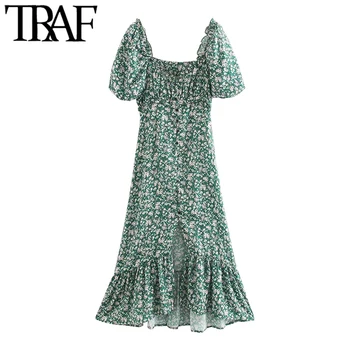 TRAF Moterų Elegantiškos Mados Gėlių Spausdinti Susiėmę Midi Suknelė Vintage Aikštėje Apykaklę, Trumpas Rankovės Ritininės Moterų Suknelės Mujer