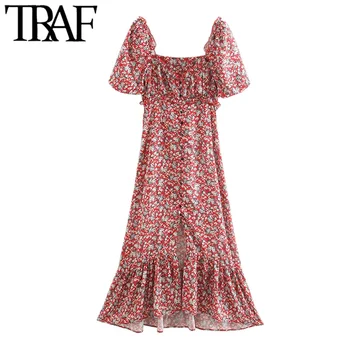 TRAF Moterų Elegantiškos Mados Gėlių Spausdinti Susiėmę Midi Suknelė Vintage Aikštėje Apykaklę, Trumpas Rankovės Ritininės Moterų Suknelės Mujer
