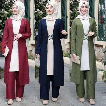 Trijų dalių Abaja turkijos Kimono Viršūnes Kelnes Musulmonų Suknelė Abayas Hijab Skraiste Dubajus Caftan Kaftan Islami Drabužiai Moterims Mados