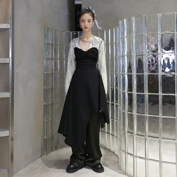 TWOTWINSTYLE Nesimetriškas Nėrinių Suknelė Moterims Stebėjimo Rankovių Aukštos Juosmens Juodos Suknelės Moterų Mados Naują Drabužių Banga