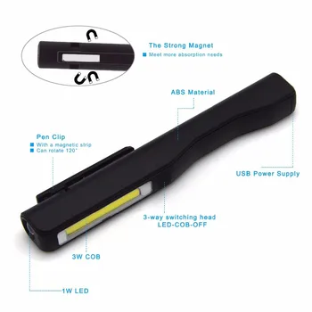 USB Įkraunamas LED Žibintuvėlis COB Įkrovimo Magnetinio Pen Įrašą Rankoje Deglas Lanterna Darbą Šviesos Lauko Avarinė Šviesos Naktį