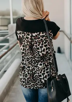 V-kaklo marškinėliai Leopard Kišenėje Tee Moterims Vasaros trumpomis Rankovėmis 