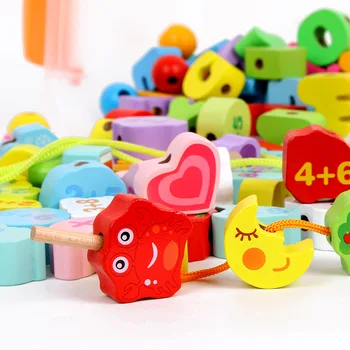 Vaikai Montessori Medinių Žaislų, Animacinių Filmų Gyvūnų Vaisių Blokai Apjuostame Threading Karoliukų Žaidimas Kūdikių Ankstyvojo Švietimo Žaislai