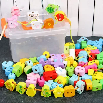Vaikai Montessori Medinių Žaislų, Animacinių Filmų Gyvūnų Vaisių Blokai Apjuostame Threading Karoliukų Žaidimas Kūdikių Ankstyvojo Švietimo Žaislai