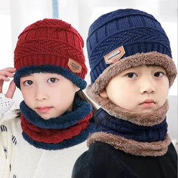 Vaikai skrybėlę skrybėlę kūdikių žiemos Skrybėlę+Šalikas Dviejų dalių Komplektas skrybėlė berniukas mezgimo vaikų skrybėlės, kepurės kūdikiams žiemą