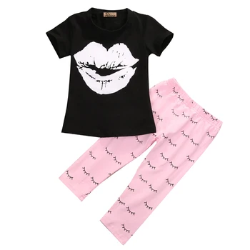 Vaikų mergaičių drabužius Vasarą Bamblys Kūdikių Mergaitės Lūpų T-shirt Viršūnes ir Antblauzdžiai Mergaitėms Komplektai