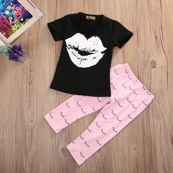 Vaikų mergaičių drabužius Vasarą Bamblys Kūdikių Mergaitės Lūpų T-shirt Viršūnes ir Antblauzdžiai Mergaitėms Komplektai