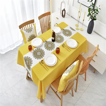 Valgomasis Arbatos Stalo Dangtis staltiesė atspari Vandeniui Oilproof staltiesė ant stalo Lotus Geltona Šviesiai Rudos, Šviesiai Pilkos tapete