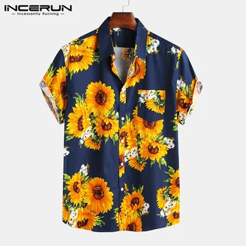 Vasaros Gėlių Spausdinti Vyrų Atsitiktinis Havajų Marškinėliai trumpomis Rankovėmis Medvilnės Streetwear Atvartas Paplūdimio Camisa 2021 Prekės Marškiniai INCERUN 7