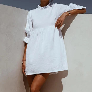 Vasaros Paplūdimio Balta Raukiniai Suknelė Atsitiktinis Linijos Pusė Rankovių Stovėti Apykaklės Prarasti 2020 Naujas Elegantiškas Mados Mini Suknelė Vestidos