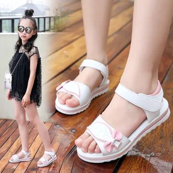 Vasarą vaikai paplūdimio sandalai mergaitėms 2021 mielas princesė lapai lankas batai studentų minkšto dugno rausvos ir baltos, dydis 27-36