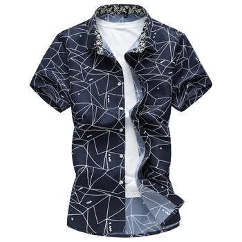 Vasarą Vyrai Geometrinis Pledas spausdinti Havajų atostogų Trumpas rankovės marškinėliai camisa masculina vyras Prekės atsitiktinis marškinėliai 5XL 6XL 7XL