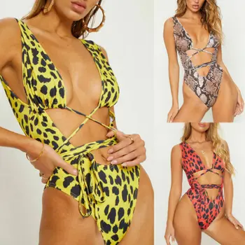 Vienas Gabalas Moterims Seksualus maudymosi Kostiumėliai, Leopardas Spausdinti Bikini Giliai V kaklo Tvarstis Kryžiaus Paminkštinta Liemenėlė Paplūdimio Maudymosi Kostiumas Swimsuit Komplektai
