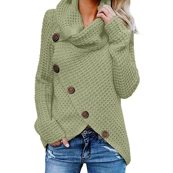 Vietoje 2020 m. Europa Jungtinės amerikos valstijos rudens-žiemos mados laisvalaikio temperamentas vientisos spalvos netaisyklingos mygtuką ilgomis rankovėmis džemperis moterims