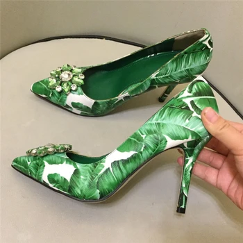 VIISENANTIN 2019 naujas žalia lapų spausdinimo aukšto kulno batai 6cm 10cm kulno seklių burną pažymėjo tne sapatos kristalų vasaros batų
