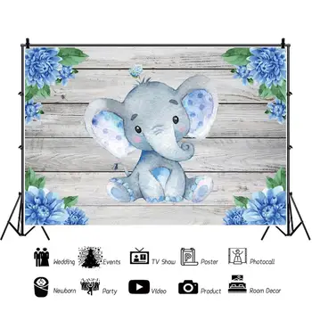 Vinilinis Fonas Fotografijai Mėlynos Gėlės Mielas Dramblys Baby Shower Mano Pirmasis Ryšių Medinės Lentos Plakato Foto Tapetai