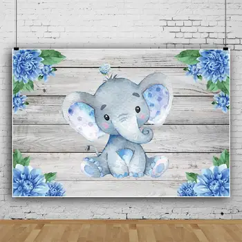 Vinilinis Fonas Fotografijai Mėlynos Gėlės Mielas Dramblys Baby Shower Mano Pirmasis Ryšių Medinės Lentos Plakato Foto Tapetai