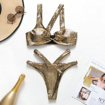 Vintage Gold gyvatė bikini nustatyti 2020 m. Tuščiaviduriai iš swimsuit moterys Vienos pečių maudymosi kostiumėliai moterims Vasaros besimaudančių maudymosi kostiumą biquini