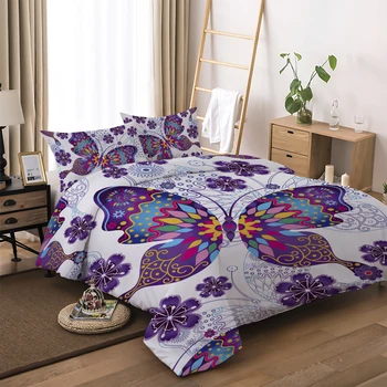 Violetinis Drugelis Patalynės komplektai Mados Gyvūnų Antklode Padengti Užvalkalai Twin Karalienės Dydžio lovos skalbiniai, namų tekstilės 3pcs
