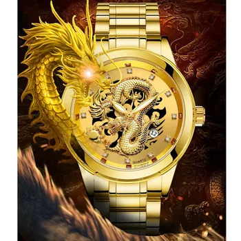 Vyrai laikrodžiai top brand prabangus Nerūdijančio plieno Dirželis atsparus Vandeniui Aukso Drakonas Skulptūra vyrų rankiniai laikrodžiai, Šviesos Laikrodis Naujas