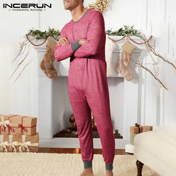 Vyrai Pižama Jumpsuit Dryžuotas ilgomis Rankovėmis Mygtuką Rompers 2021 Minkštas Homewear Laisvalaikio Jaukus Chalatas Mens Sleepwear INCERUN S-5XL