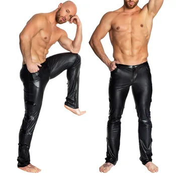 Vyrai Sexy Juoda wetlook PVC Etape Dėvėti Fetišas Dirbtiniais Odos Pieštuku Kelnės Skinny latekso antblauzdžiai Erotika Gėjų ašigalio šokių Klubas Dėvėti