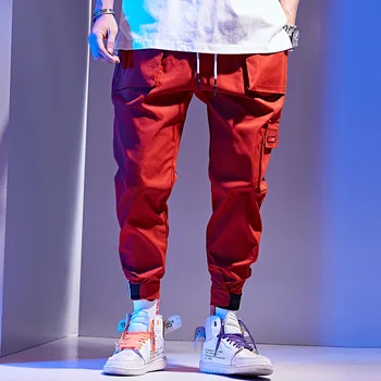 Vyriški Didelis Kišenės Raudona Krovinių Haremo Kelnės 2020 Metų Hip-Hop Atsitiktinis Vyras Spalvos Poilsiu Kelnės Juodos Mados Streetwear Ziajać WA76
