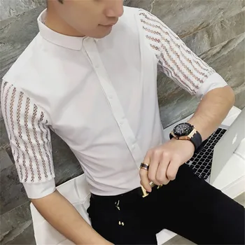 Vyriški Nėriniai Marškiniai 2020 Mados Dizaineris Asmenybės Susiuvimo Perspektyvos Shirt Juoda Balta Prom Klubo Marškinėliai Slim Viršūnes Camisa