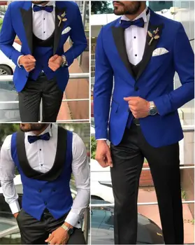 Vyrų Kostiumai Royal Blue ir Black Jaunikis Tuxedos Satino Skara Atvartas Groomsmen Vestuvių Geriausią Vyro ( Striukė+Kelnės+peteliškę+Liemene ) C680