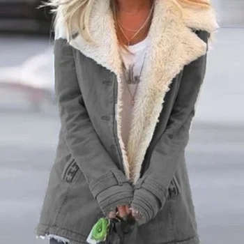 WENYUJH Moterų Plius Dydžio Šilti Paltai Composite Pliušinis Mygtuką Švarko Atlapų Outwearcoat Storio Žiemos Kišenės Kietas Paltai Išlaikyti Šiltas