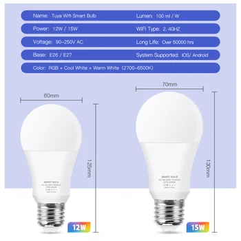 WiFi Smart Lemputės 12W 15W RGB+Balta+E27 Šiltai Balta LED Lemputė Pritemdomi Alexa Suderinama Tuya Smart Gyvenimo APP 