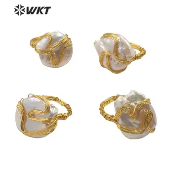 WT-R346 Moterų bohemijos handmake aukso viela suvynioti perlų žiedas nereguliarus gėlo vandens aukso perlas žiedas