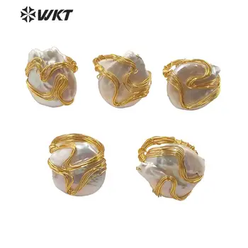 WT-R346 Moterų bohemijos handmake aukso viela suvynioti perlų žiedas nereguliarus gėlo vandens aukso perlas žiedas