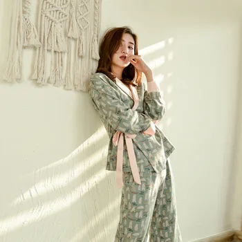 XIFER Rudenį Pižama Moterų Megztinis Stilius Šepečiu Medvilnės ilgomis rankovėmis Mielas Namų Paslauga Kimono Kostiumas, Kaklaraištis, Šilkinė Sleepwear Rinkinys