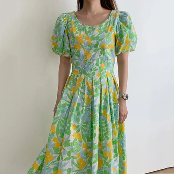 YAMDI vintage-line elegantiškas korėjos suknelės spausdinti gėlių, o kaklo šalies midi suknelė moterims moteris 2020 naujas trumpas rankovės vasaros vestid