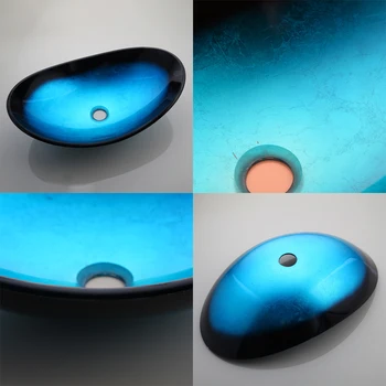 YANKSMART Vonios kambarys Laivo Ovalo formos Kriauklė Šiuolaikinio Grūdintas Stiklas+Juoda Žalvario Maišytuvas Su 