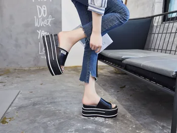 YD-KADA nors natūralios odos šlepetės moterims platforma pleišto sandalai vasarą aukštis didėja laisvalaikio bateliai super aukšto kulno šlepetės
