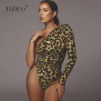 YiDuo Vienos Pečių Mados Gyvatė Spausdinti Seksualus Bodysuits Trumpas Romper Moterų Jumpsuit Slim Ilgomis Rankovėmis Moteriška Leopard Kūno Mujer