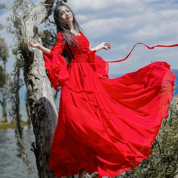 YOSIMI 2019 m. Vasarą Maxi Suknelė Elegantiška Baltos spalvos Šifono Ilgai Moterų Suknelė Šalis, O-kaklo Raudonas Drugelis Visą Rankovės Moterų Vestido Ilgai