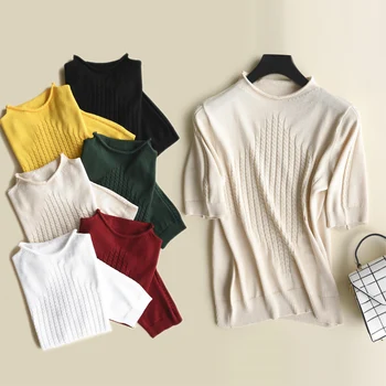 YUNSHUCLOSET 2018 Karšto Pardavimo Moterų Vilnos Megztinis Coiling apykaklės vientisos spalvos pusė rankovės Riesta apykaklės puloveriai Nemokamas Pristatymas