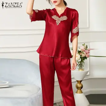 ZANZEA Moterų Rudenį Kietas Elegantiškas ilgomis Rankovėmis Sleepwear Nėrinių Spliced Nightie Pižamą Elastinga Juosmens Ilgai Pants Plus Size 5XL