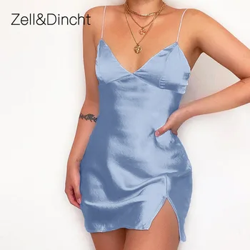 Zell&Dincht Satino Spageti Dirželis Mini Suknelė be Rankovių Vasaros Moterų Suknelė nuo Peties Backless Beach Sexy Suknelė Moterims